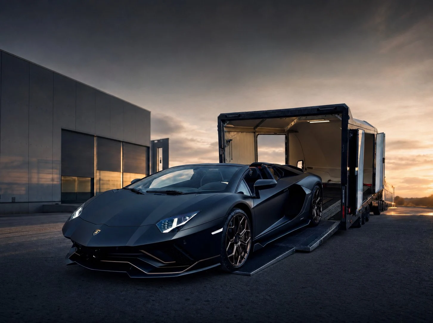 Lamborghini Aventador am geschlossenen Royal Legacy Fahrzeugtransporter