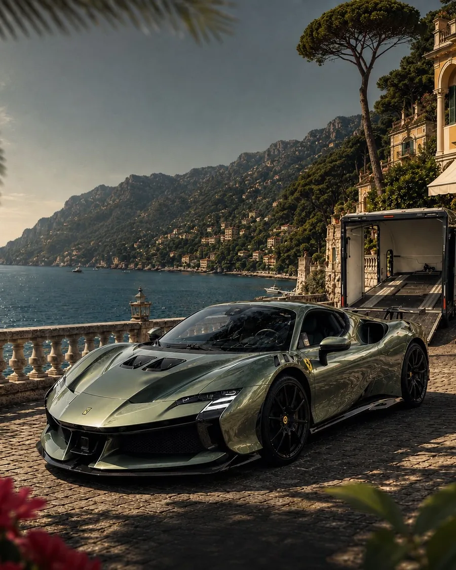 Ferrari vor dem geöffneten Transporter an der Riviera — Royal Legacy Motor Atelier