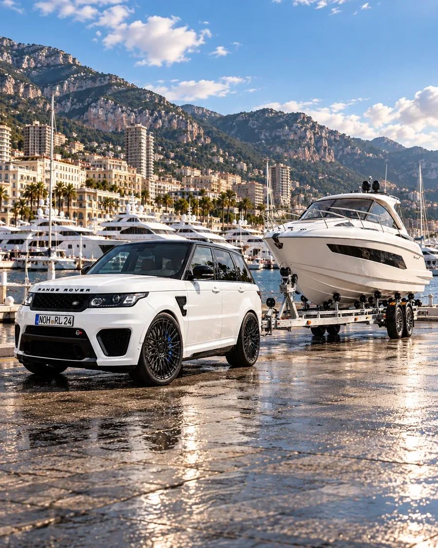 Gespann mit Motorboot auf dem Bootstrailer im Hafen — Royal Legacy Marine Transport